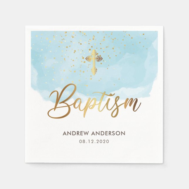 Serviette En Papier Baptême de garçon à l'aquarelle or et bleu (Devant)