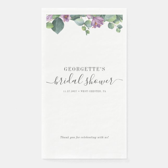 Serviette En Papier Baptême de mariage violet avec feuilles d'eucalypt (Devant)