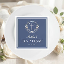 Baptême élégant croix florale bleu marine 