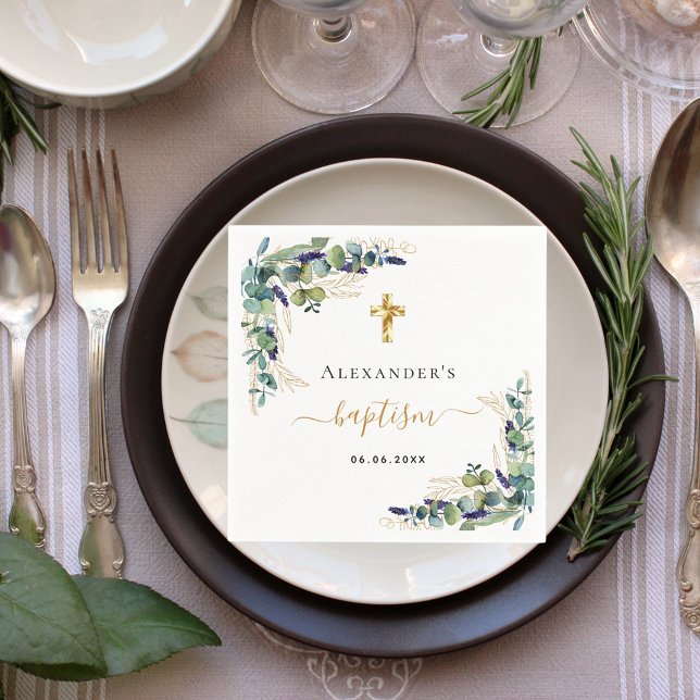 Serviette En Papier Baptême eucalyptus vert monogramme élégant (Créateur téléchargé)