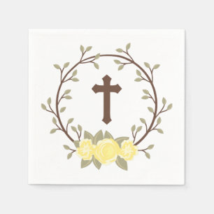 Serviette En Papier Baptême floral jaune de baptême de croix de