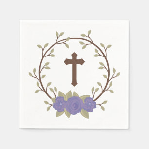 Serviette En Papier Baptême floral pourpre de baptême de croix de