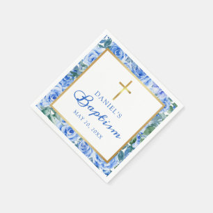 Serviette En Papier Baptême Garçon Rose moderne Dusty Blue Aquarelle