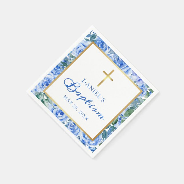 Serviette En Papier Baptême Garçon Rose moderne Dusty Blue Aquarelle (Coin)