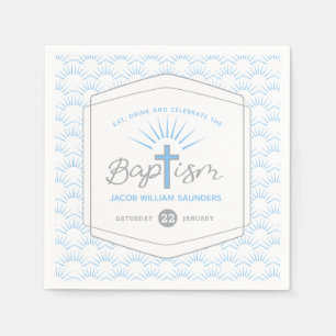 Serviette En Papier Baptême halo et croix bleu gris personnalisé