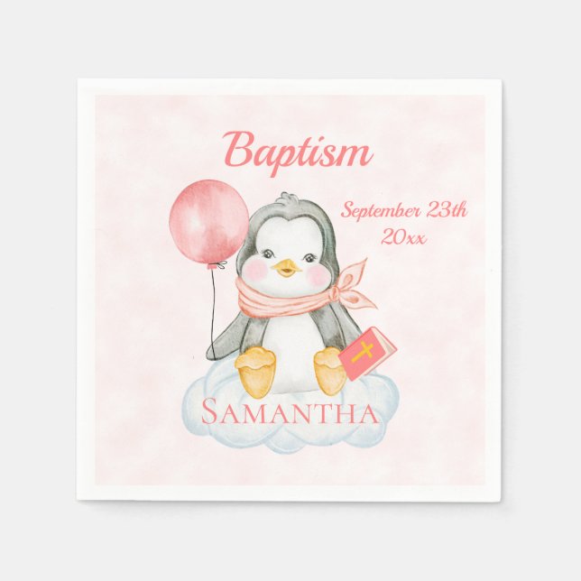 Serviette En Papier Baptême mignon Aquarelle Bébé Pingouin Papier rose (Devant)
