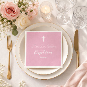 Serviette En Papier Baptême Moderne Christening Croix Blanche Rose Pou