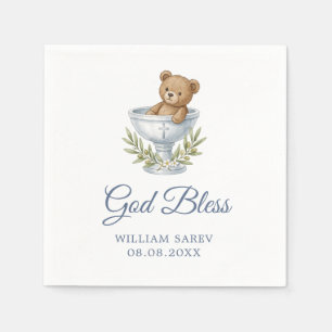 Serviette En Papier Baptême Ourson "Dieu bénisse" Aquarelle Bleue