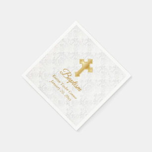 Serviette En Papier Baptême personnalisé en blanc et or
