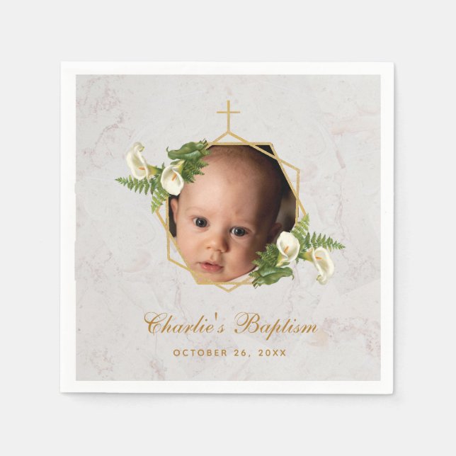 Serviette En Papier Baptême Photo Marbre Floral Calla Lilies Or (Devant)