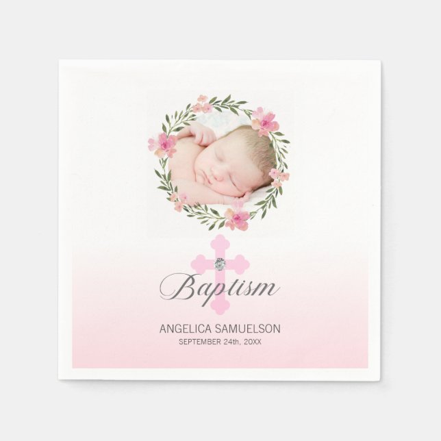 Serviette En Papier Baptême Rose Blanc Fille Croix Florale | PHOTO (Devant)