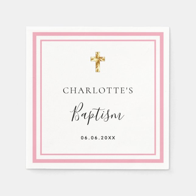Serviette En Papier Baptême rose blanc nom fille simple (Devant)