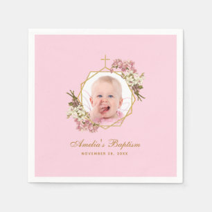 Serviette En Papier Baptême Rose Girl Photo Floral Orchids Gold Cross