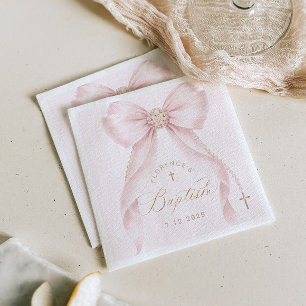 Serviette En Papier Baptême Rouge Rosé Ruban Perles