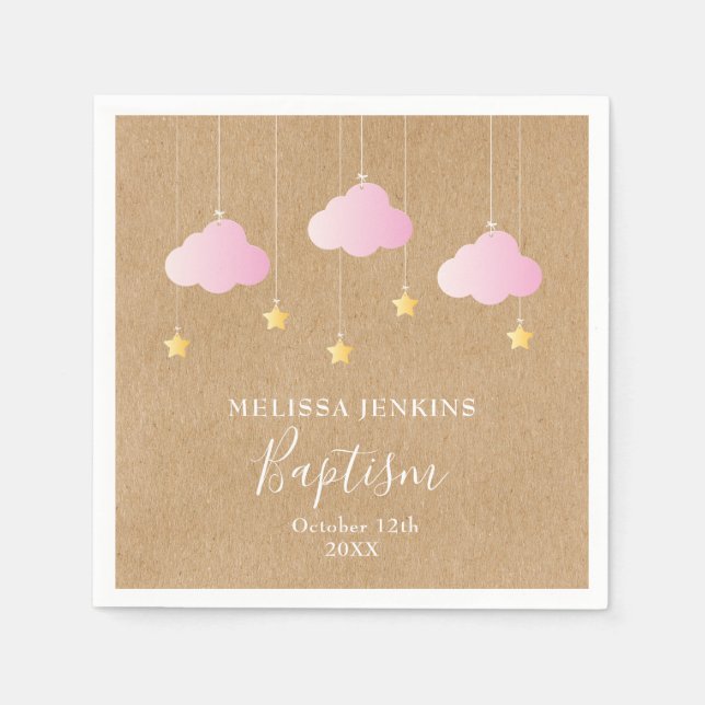 Serviette En Papier Baptême rustique Christening Pink Nuds Gold Stars (Devant)