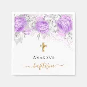Serviette En Papier Baptême violet floral blanc élégant nom fille