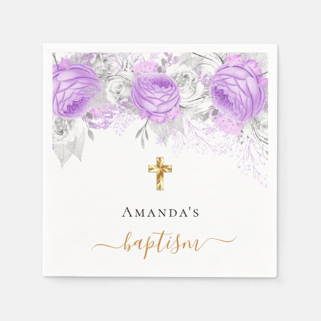 Serviette En Papier Baptême violet floral blanc élégant nom fille (Devant)