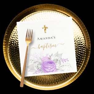 Serviette En Papier Baptême violet floral blanc élégant nom fille