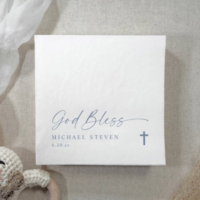 Serviette En Papier Baptism Modern Simple Dusty Blue God Bless Cross (Elegant dusty blue baptism napkins with “God Bless” script, cross, and personalized baby's name.)