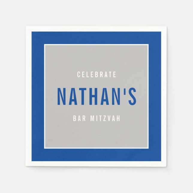Serviette En Papier BAR MITZVAH moderne bold bloc royal bleu gris (Devant)