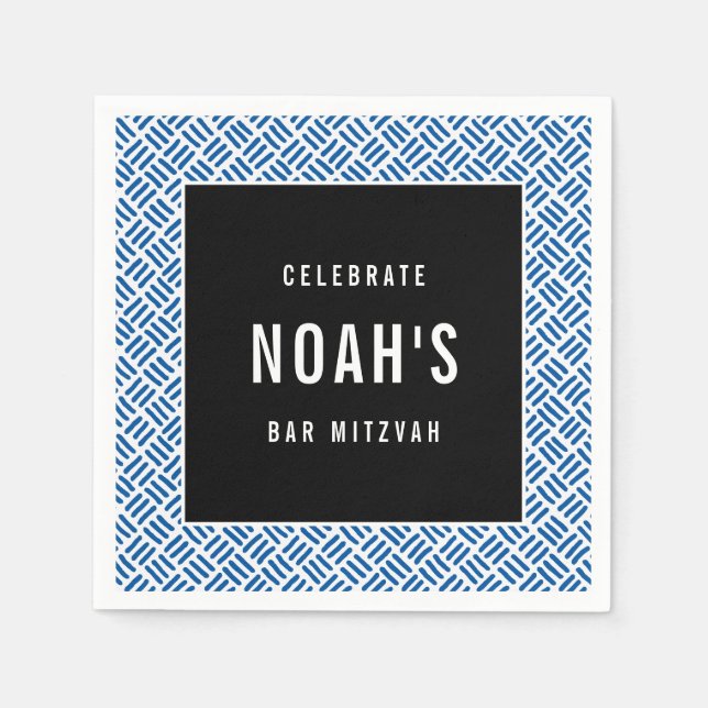 Serviette En Papier BAR MITZVAH moderne bold bloc royal bleu noir (Devant)