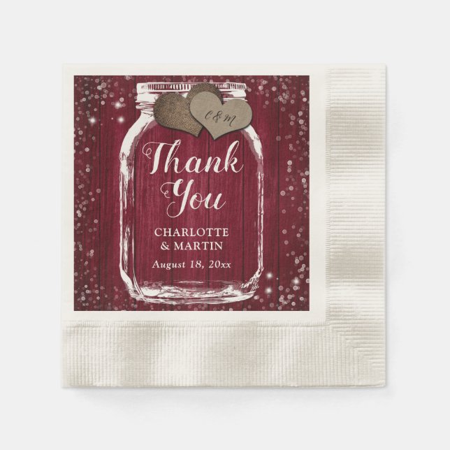 Serviette En Papier Barn Wood Mason Jar Burgundy Mariage Merci (Devant)