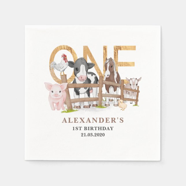 Serviette En Papier Barnabé 1er anniversaire de ferme Animaux de la fe (Devant)