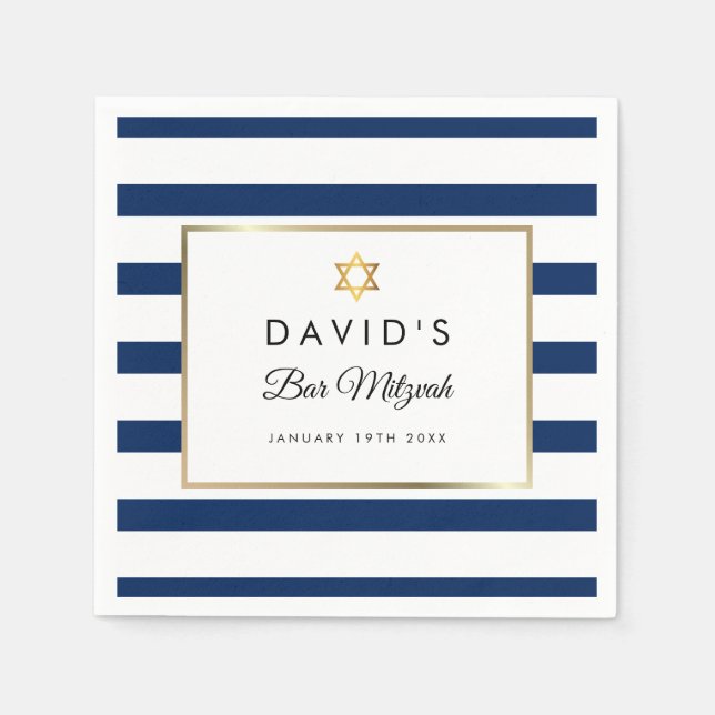 Serviette En Papier Barre Mitzvah Marine Bleu Bleu Blancs Or (Devant)