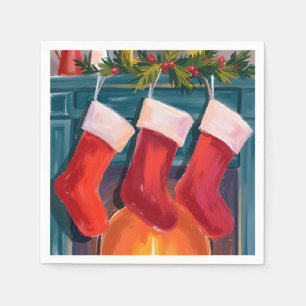 Serviette En Papier Bas de Noël rouges cheminée aquarelle