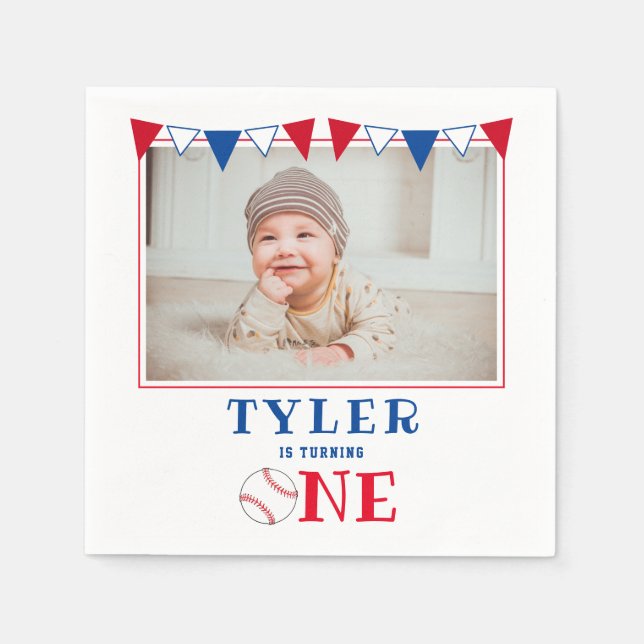Serviette En Papier Baseball moderne 1er anniversaire Photo Anniversai (Devant)