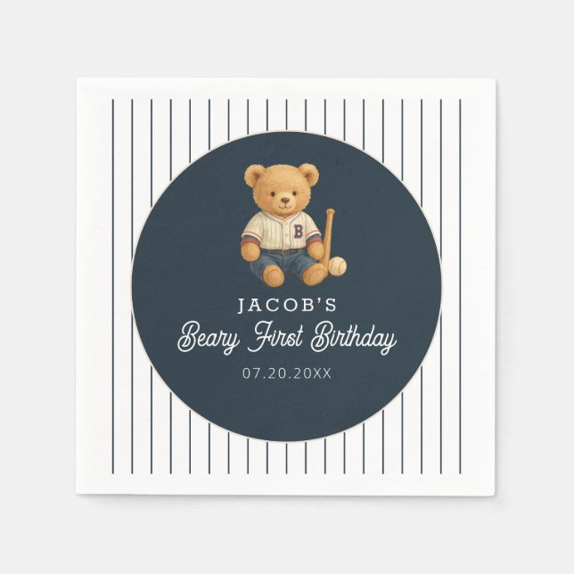 Serviette En Papier Baseball Preppy Bear 1er anniversaire (Devant)