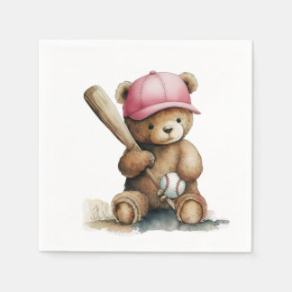 Serviette En Papier Baseball Teddy Pink Hat Bat Ball Baby Girl