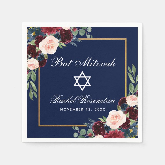 Serviette En Papier Bat mitzvah Burgundy Blue Floral Gold (Devant)