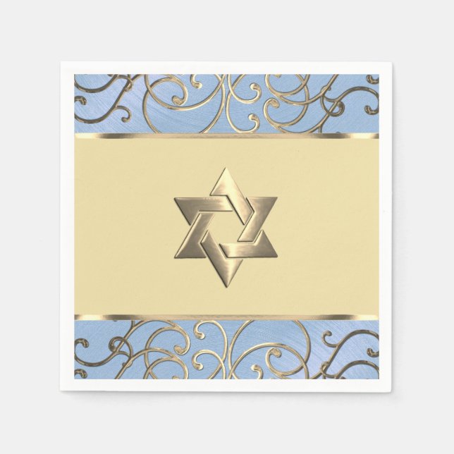 Serviette En Papier Bat mitzvah élégant Dusty Blue et Gold Filigree (Devant)