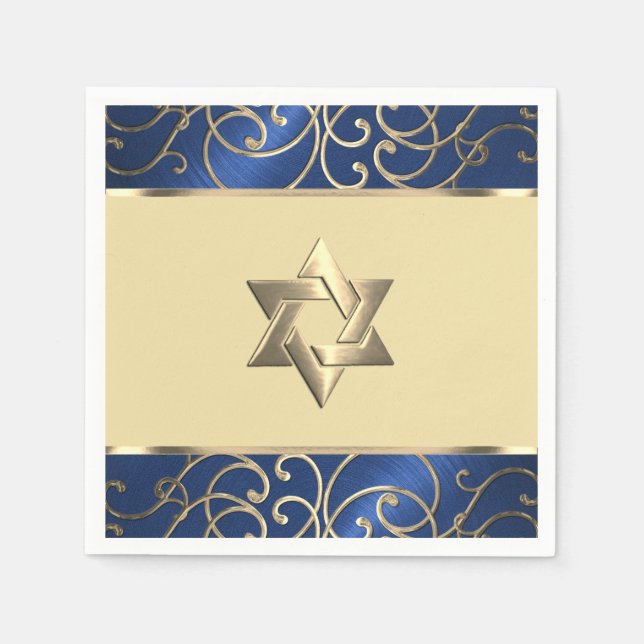 Serviette En Papier Bat mitzvah Elegant Marine Blue et Gold Filigree (Devant)
