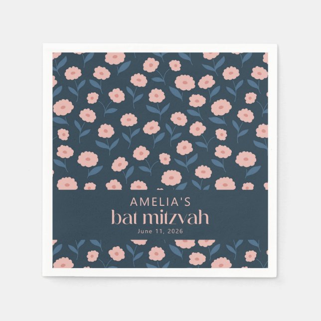 Serviette En Papier Bat mitzvah floral bleu rose de la marine moderne (Devant)
