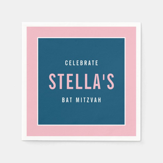 Serviette En Papier BAT MITZVAH moderne en gras bloc bleu foncé rose (Devant)