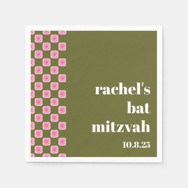 Serviette En Papier Bat mitzvah vert rose rétro en carton fleuri (Devant)