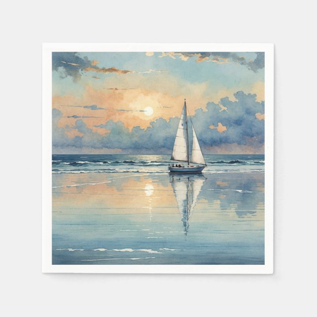 Serviette En Papier Bateau À Voile Aquarelle Sur Peinture Océanique (Devant)