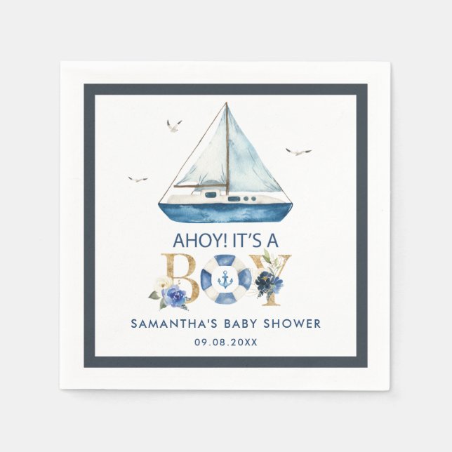 Serviette En Papier Bateau bleu nautique Ahoy C'est un Baby shower gar (Devant)