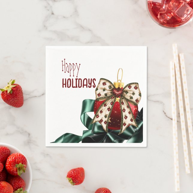 Serviette En Papier Bauble de Noël avec mignonne cou et ruban vert (En situation)