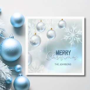 Serviette En Papier Baubles d'argent bleu Snowflakes NOËL