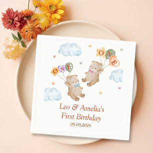 Serviette En Papier Bear Boy Girl Twins - Joint 1er Anniversaire