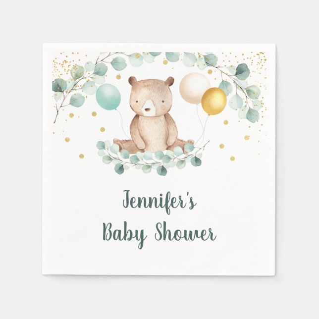 Serviette En Papier Bear Greenery Or Genre Baby shower neutre (Devant)