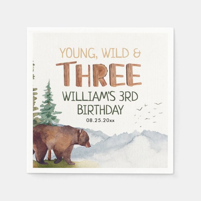 Serviette En Papier Bear-Young Wild and Three Boys 3e anniversaire (Devant)