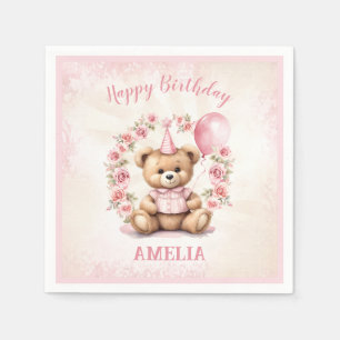 Serviette En Papier Béary 1er anniversaire Pink Teddy Papier