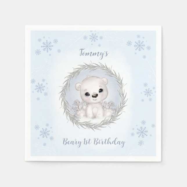 Serviette En Papier Beary d'hiver 1er anniversaire mignon Ours bleu po (Devant)