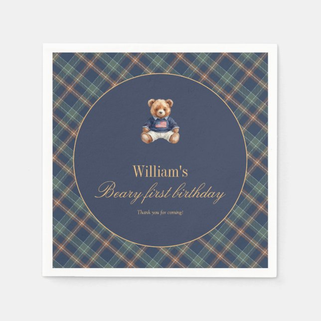 Serviette En Papier Beary First Navy Plaid Teddy Bear Boy Birthday  (Devant)