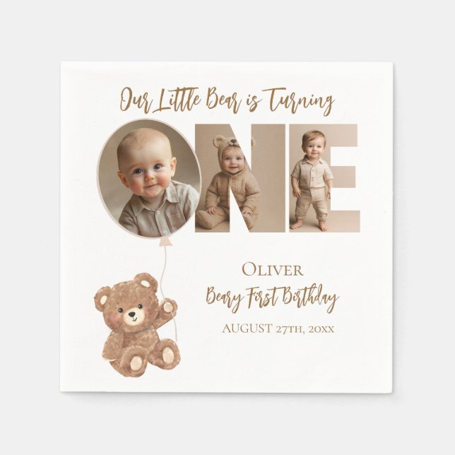Serviette En Papier Beary Premier anniversaire Petit ours Photo (Devant)