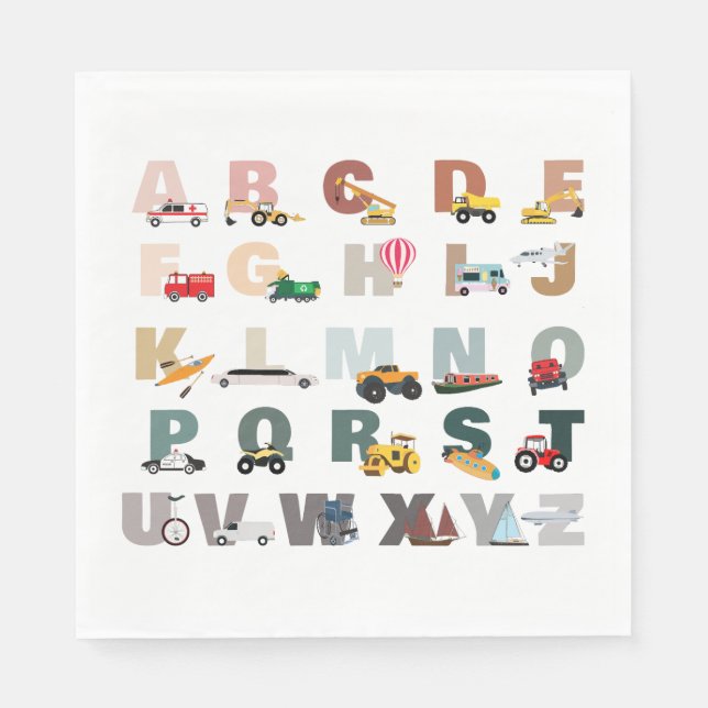 Serviette En Papier Beau Alphabet ABC Camions, Véhicules de transport (Devant)